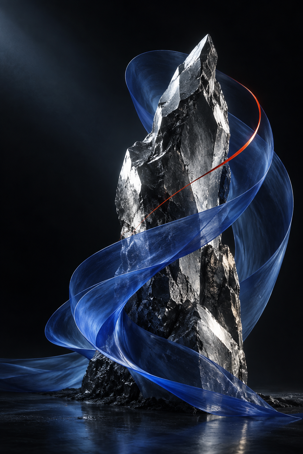 Abstract mineral sculpture wrapped by flowing blue ribbons